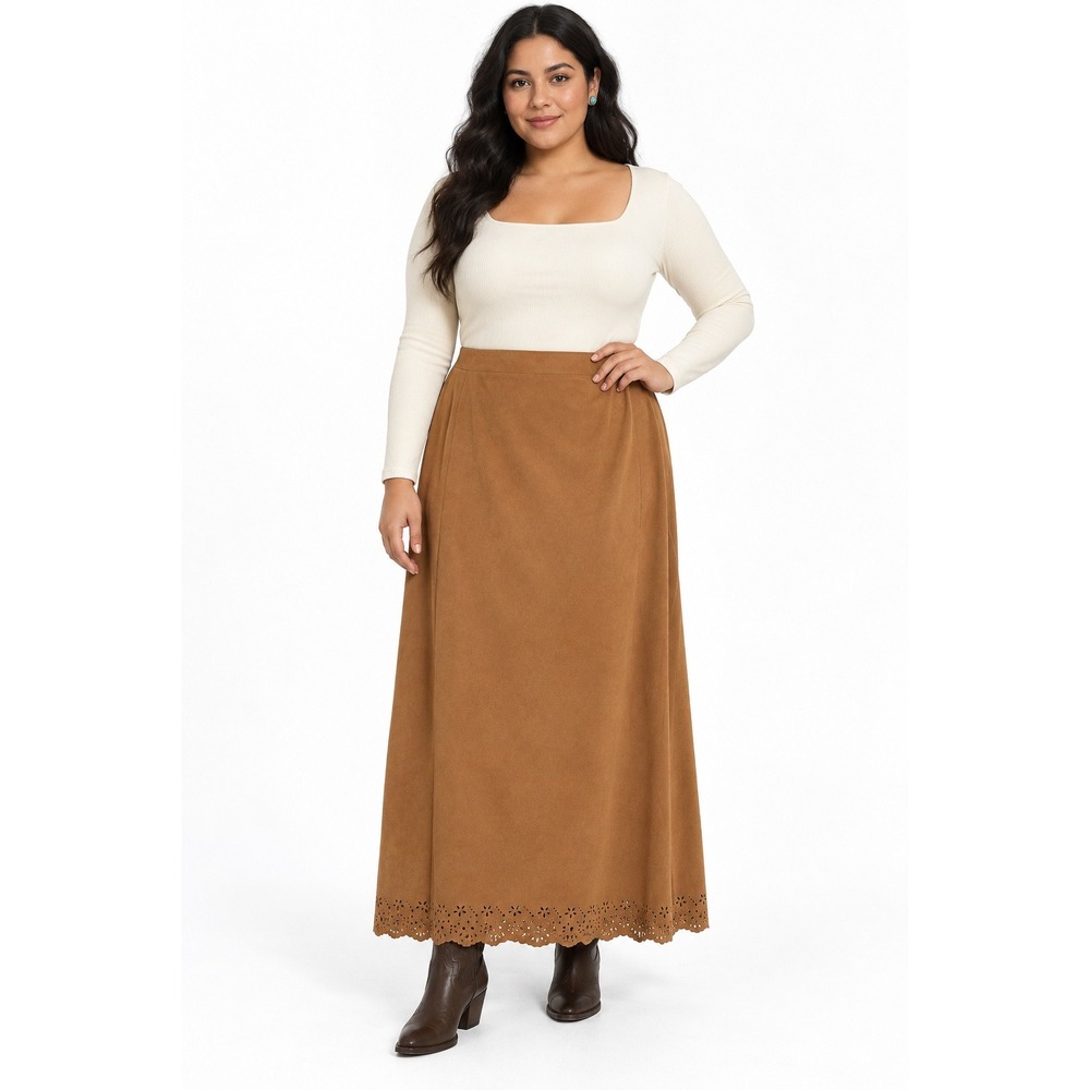 Western Boho Faux Suede Maxi Skirt XL Camel Tan Laser Cut Floral Scallop Earthy